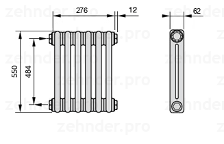 Схема (чертеж) Радиатор Zehnder Charleston 2055/6 №1270 Белый глянцевый RAL 9016